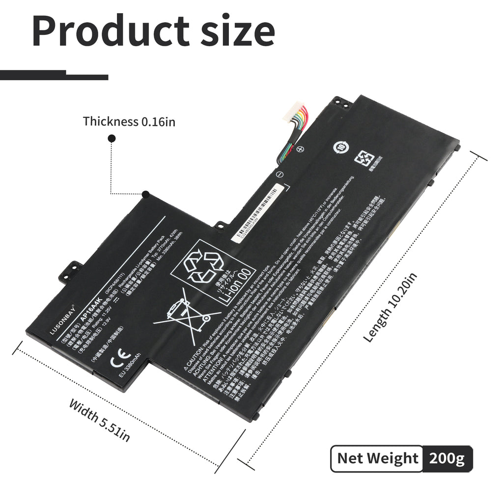 AP16A4K Acer Cloudbook battery dimensions 10.20 x 5.51 x 0.16 inches, net weight 200g, size diagram