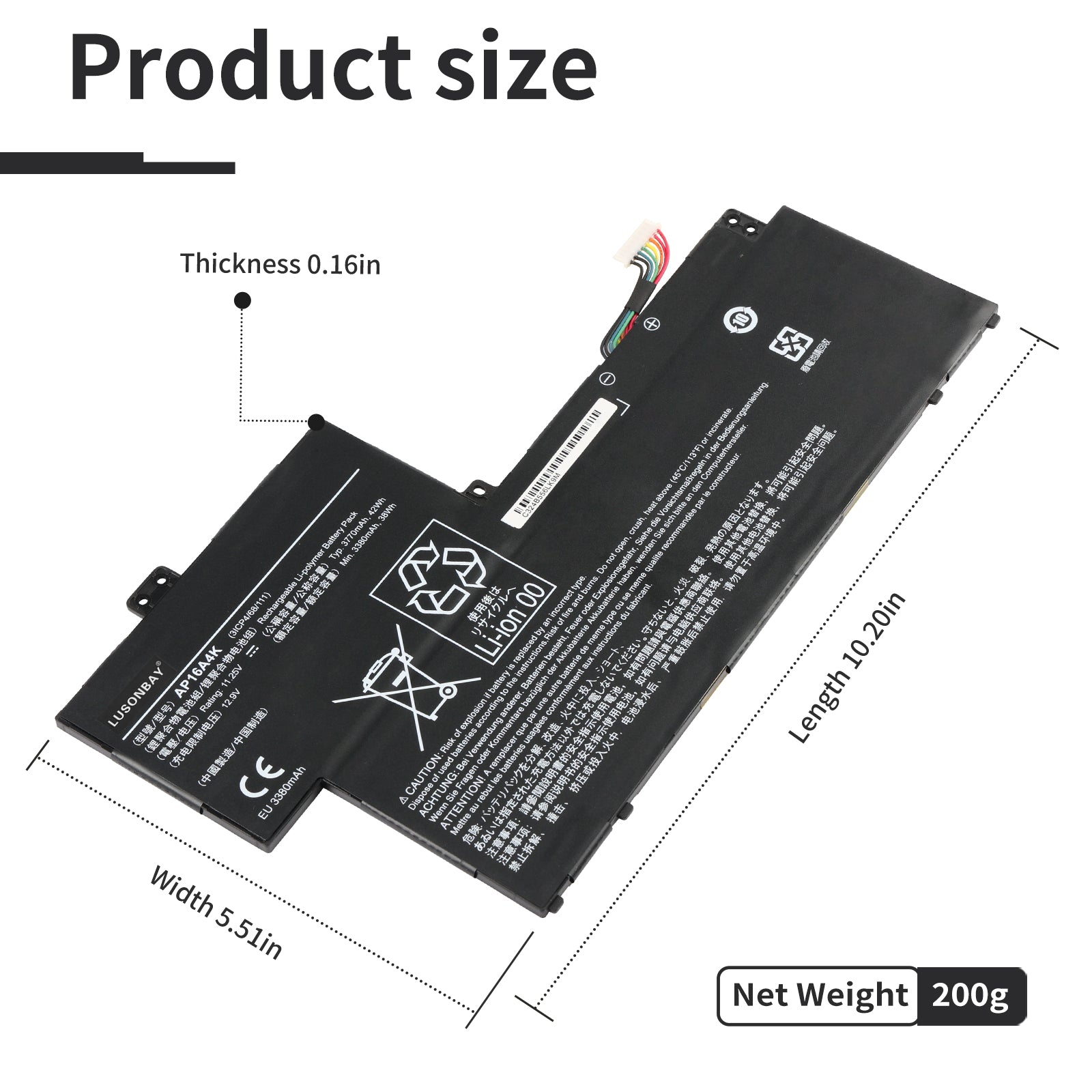 AP16A4K Acer Cloudbook battery dimensions 10.20 x 5.51 x 0.16 inches, net weight 200g, size diagram