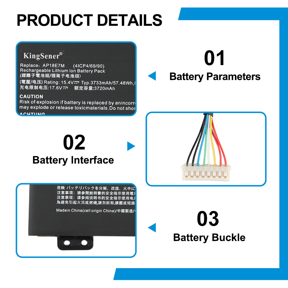 Acer AP18E7M replacement Li-ion laptop battery 15.4V 3733mAh 57.48Wh product details with parameters interface and buckle