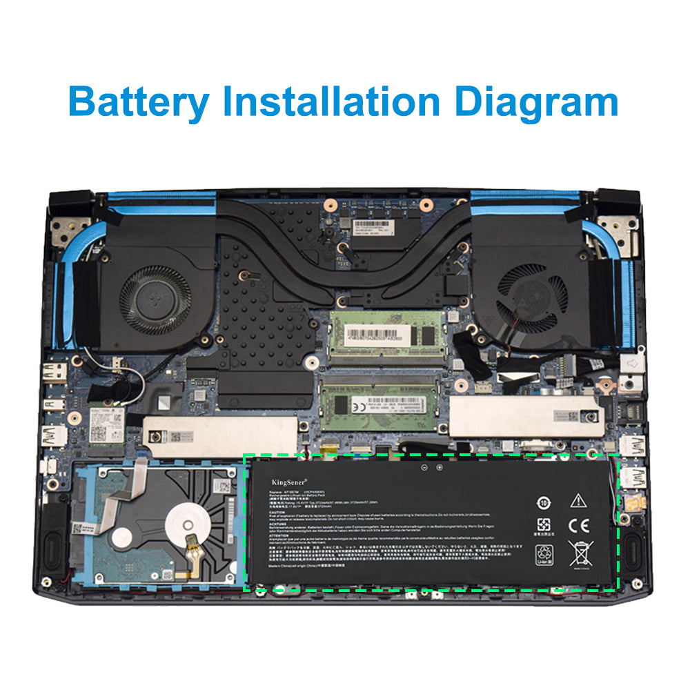 Acer AP18E7M replacement Li-ion laptop battery 15.4V 3733mAh 57.48Wh installation diagram inside Acer laptop