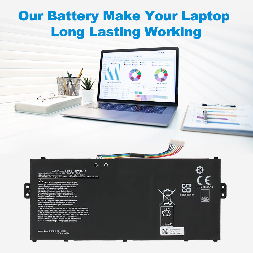 Acer AP19A8K replacement Li-polymer laptop battery 11.55V 3482mAh 40.22Wh for long lasting working performance