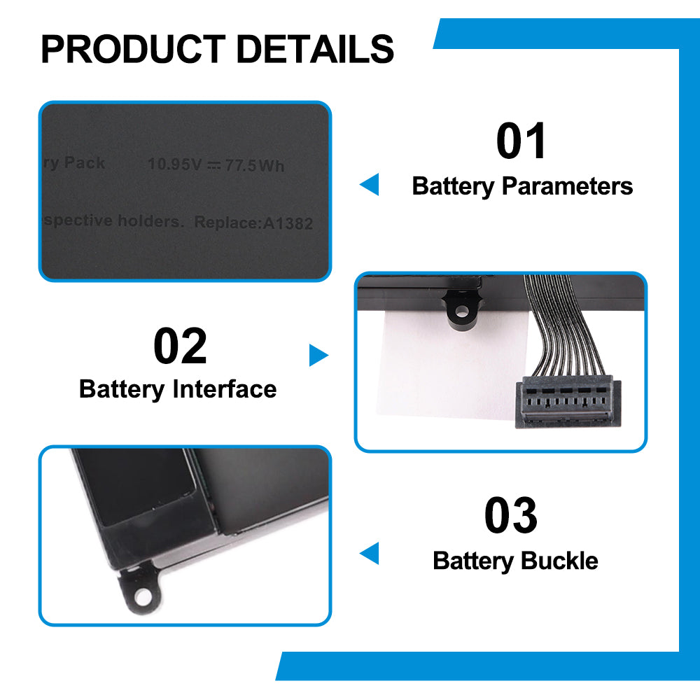A1382 replacement laptop battery 10.95V 77.5Wh 7078mAh, parameters interface connector and buckle detail