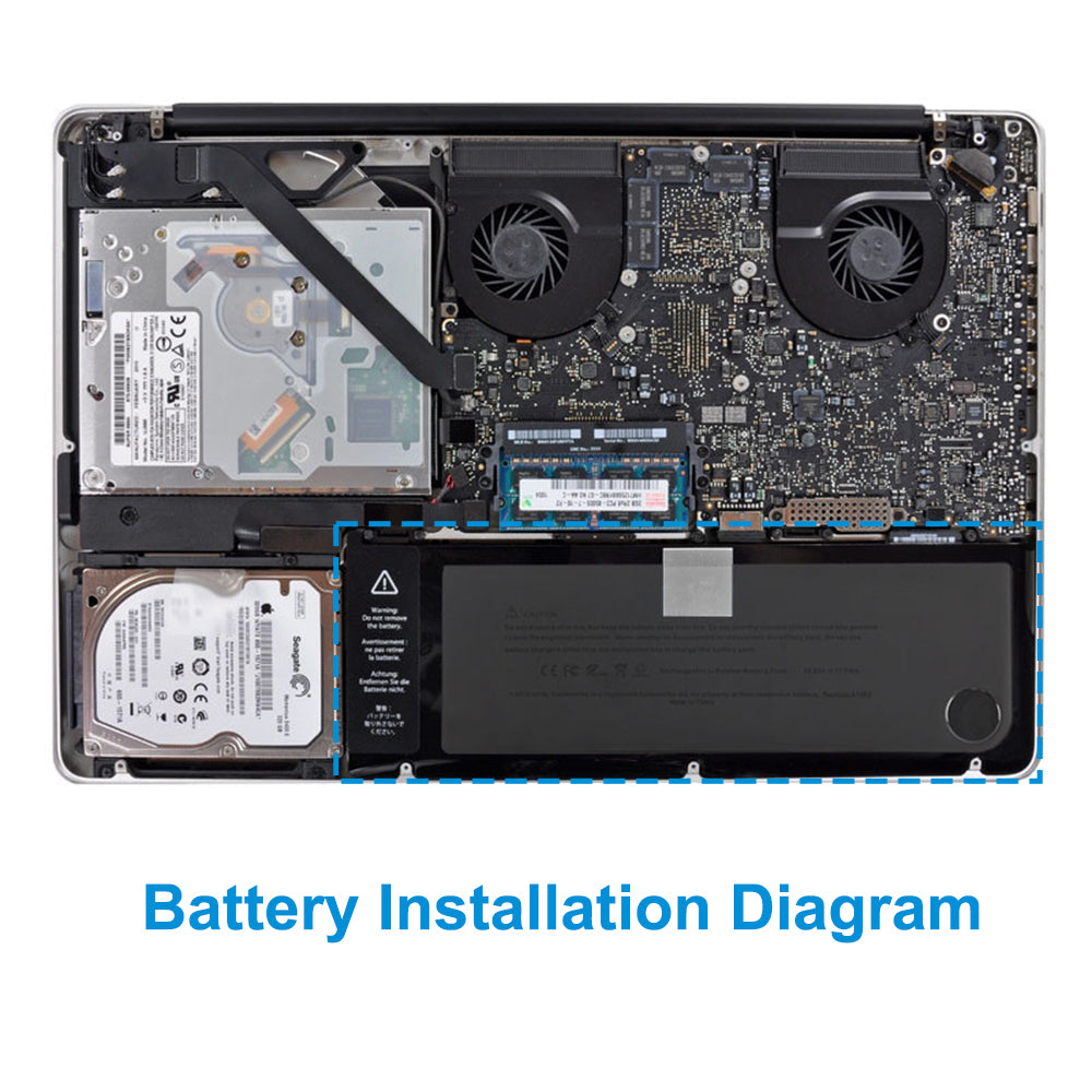 A1382 replacement laptop battery 10.95V 77.5Wh 7078mAh, internal battery installation location in MacBook Pro