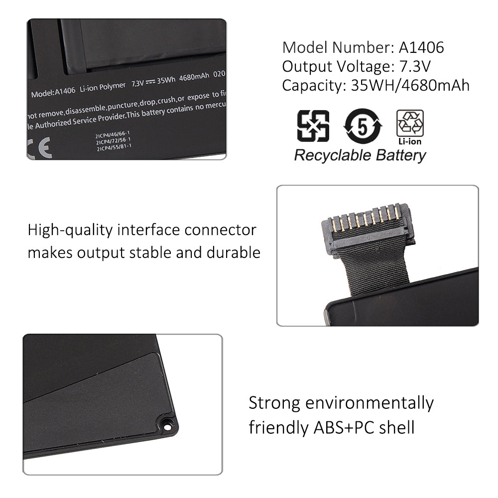 Batterie Kingsener A1406 pour ordinateur portable Apple MacBook Air 11 pouces A1370 mi-2011 A1465 2012 MC968LL/A MC969LL/A MD223LL 7,3 V 35 Wh