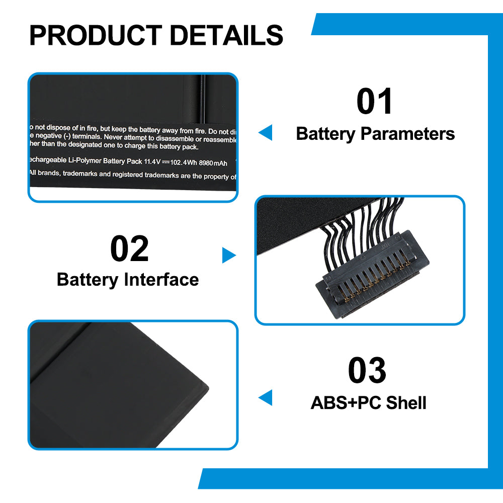 A1417 replacement laptop battery 11.4V 102.4Wh 8980mAh, parameters interface connector ABS+PC shell detail