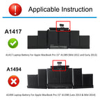 A1417 replacement laptop battery 11.4V 102.4Wh 8980mAh, A1417 vs A1494 MacBook Pro connector compatibility