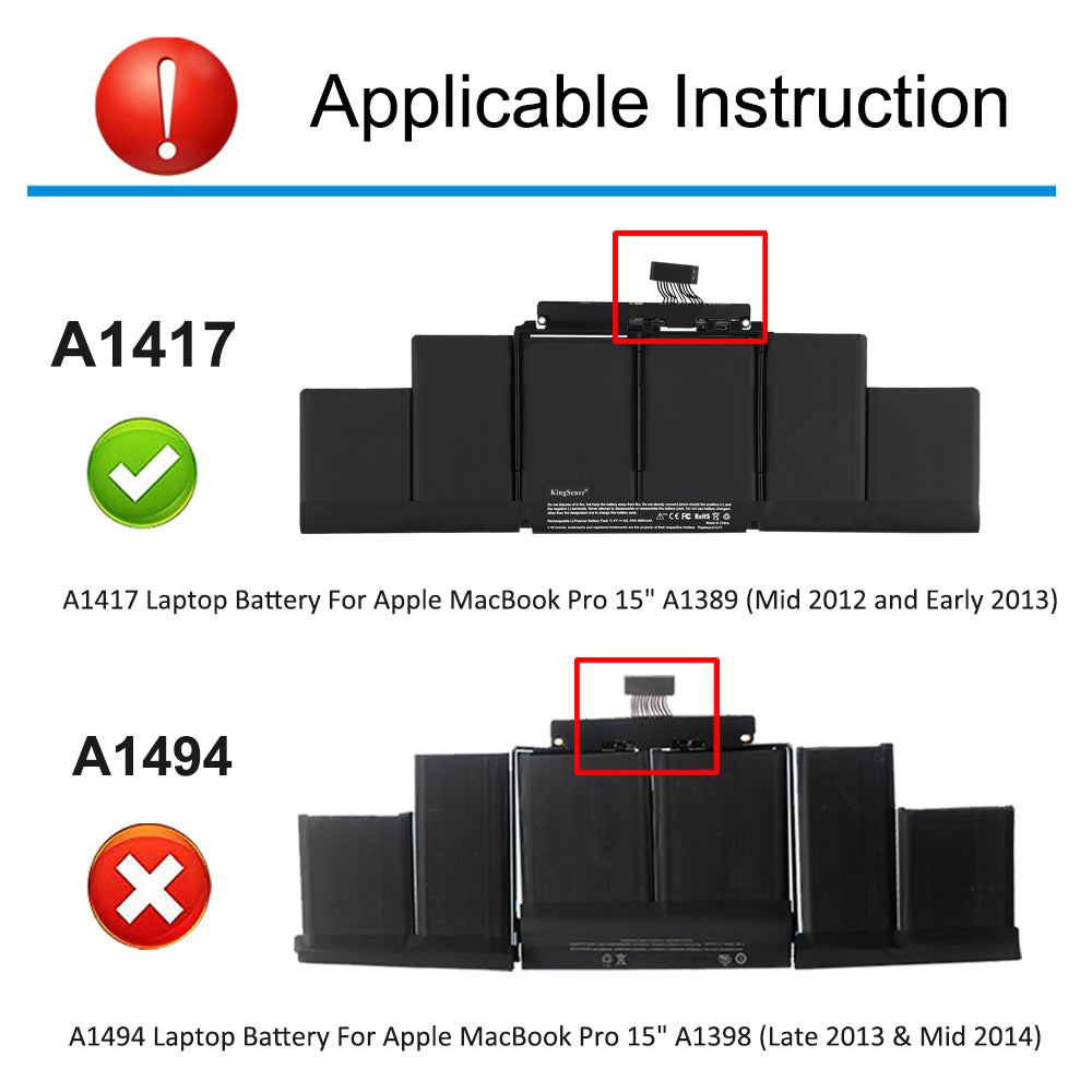 A1417 replacement laptop battery 11.4V 102.4Wh 8980mAh, A1417 vs A1494 MacBook Pro connector compatibility