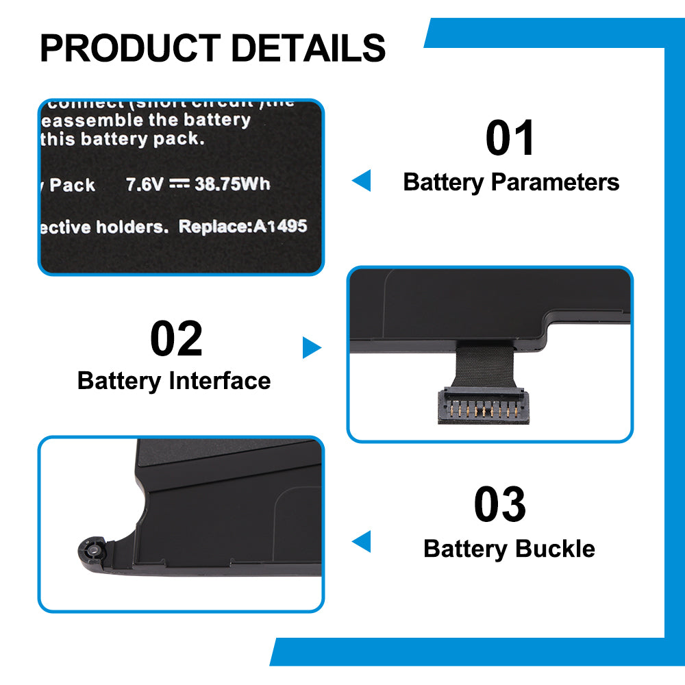 A1495 replacement laptop battery 7.6V 38.75Wh 5100mAh, parameters interface connector and buckle detail