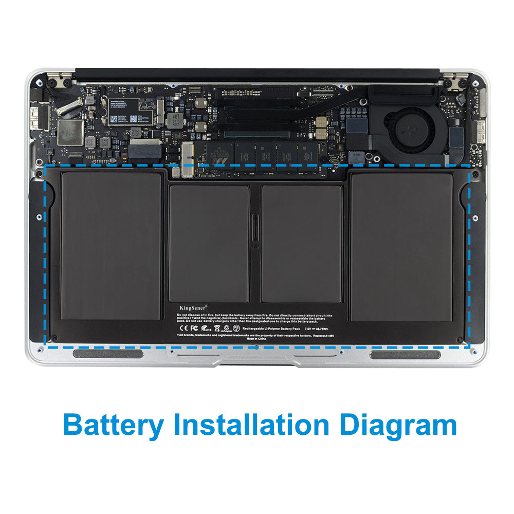A1495 replacement laptop battery 7.6V 38.75Wh 5100mAh, internal battery installation location in MacBook Air