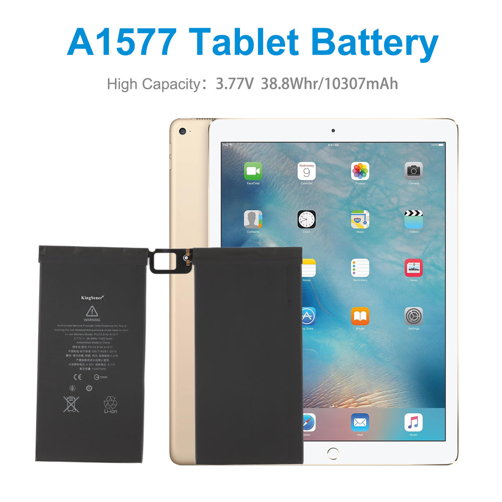 A1577 tablet battery 3.77V 38.8Wh 10307mAh shown alongside iPad Pro 12.9 1st Gen for size reference and compatibility
