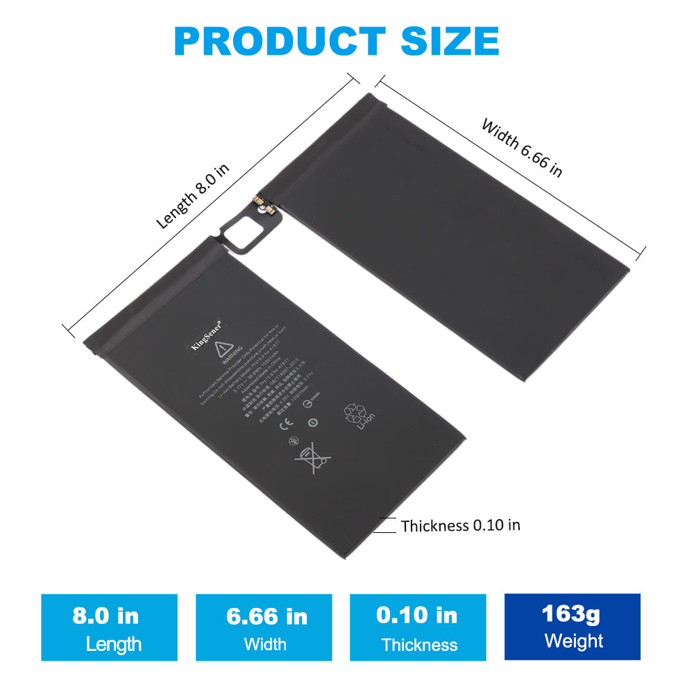 A1577 replacement battery dimensions 8.0 x 6.66 x 0.10 inch weighing 163g, exact fit for iPad Pro 12.9 1st Gen internal space