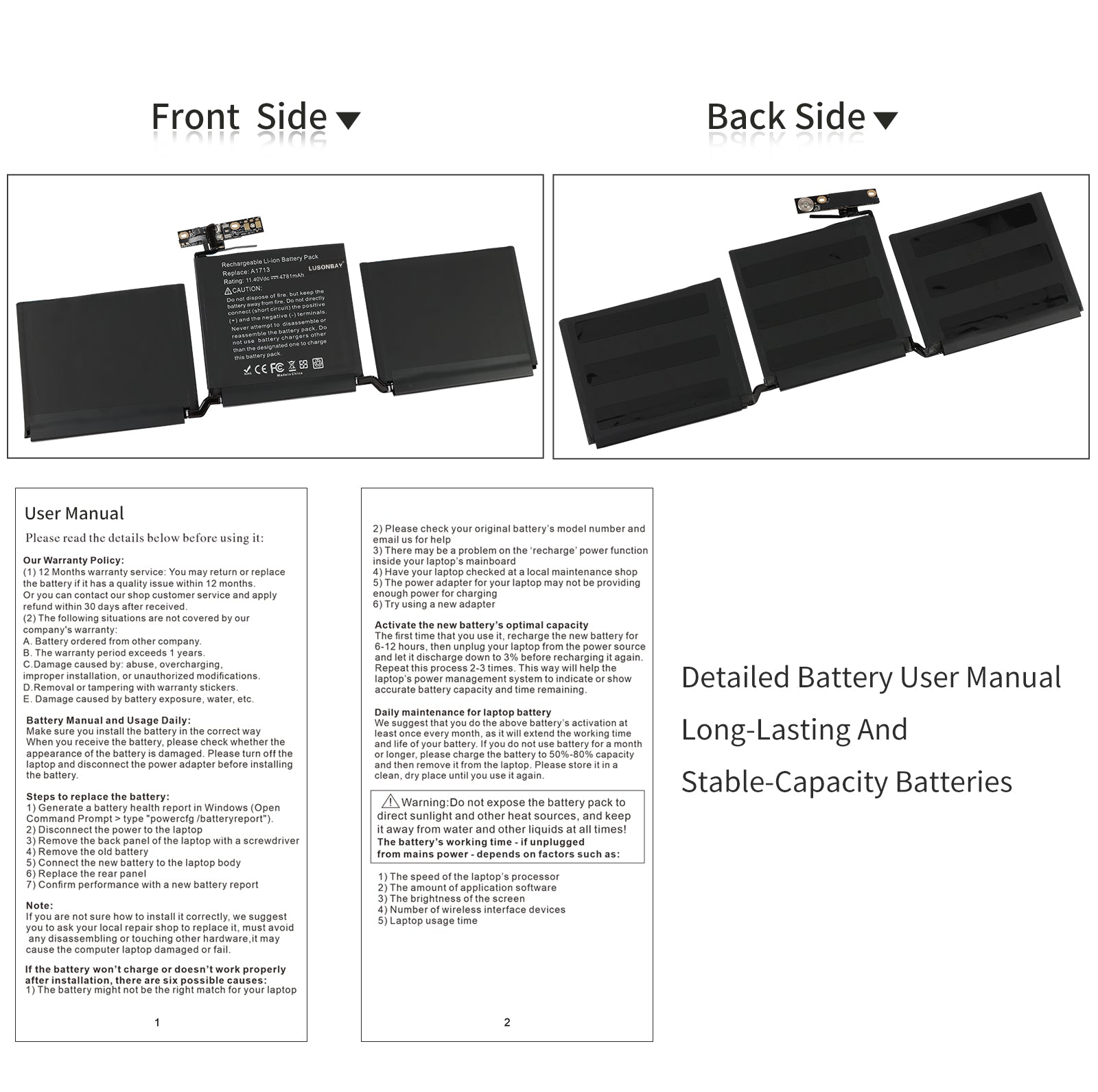 LUSONBAY A1713 Battery For Apple MacBook Pro 13.3 inch Retina MLL42LL/A* - Front and back of the battery