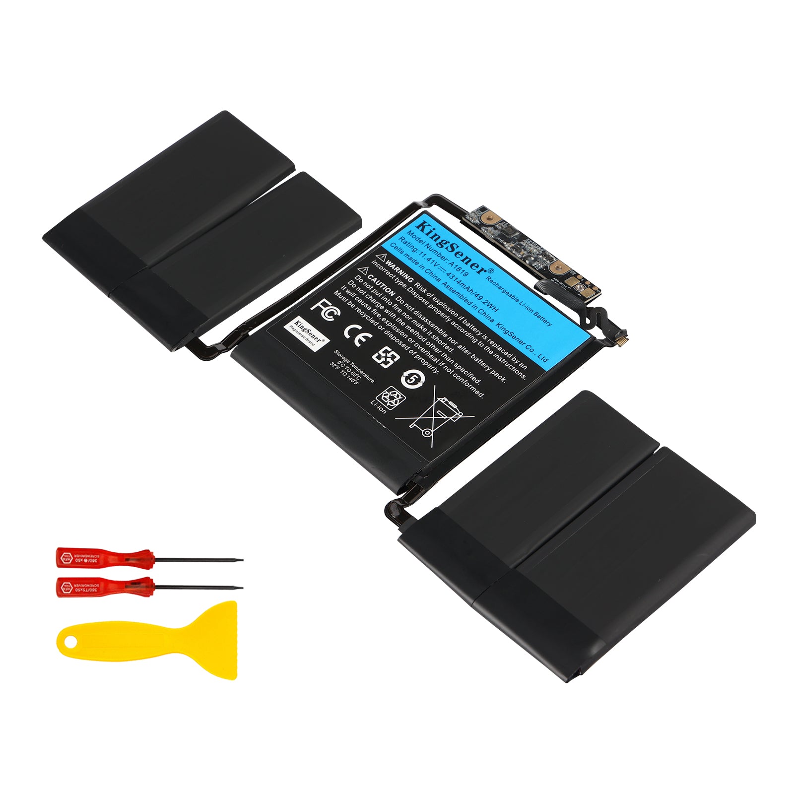 A1819 replacement battery 11.41V 49.2Wh for Apple MacBook Pro 13 A1706 MLH12LL/A MPXV2LL/A, diagonal view with pry tool and screwdrivers