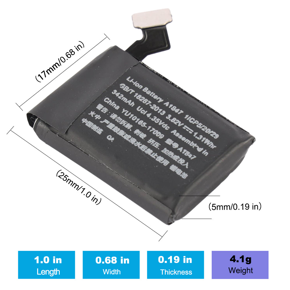 A1847 Battery for Apple Watch Series 3+GPS 38mm - battery dimensions and size