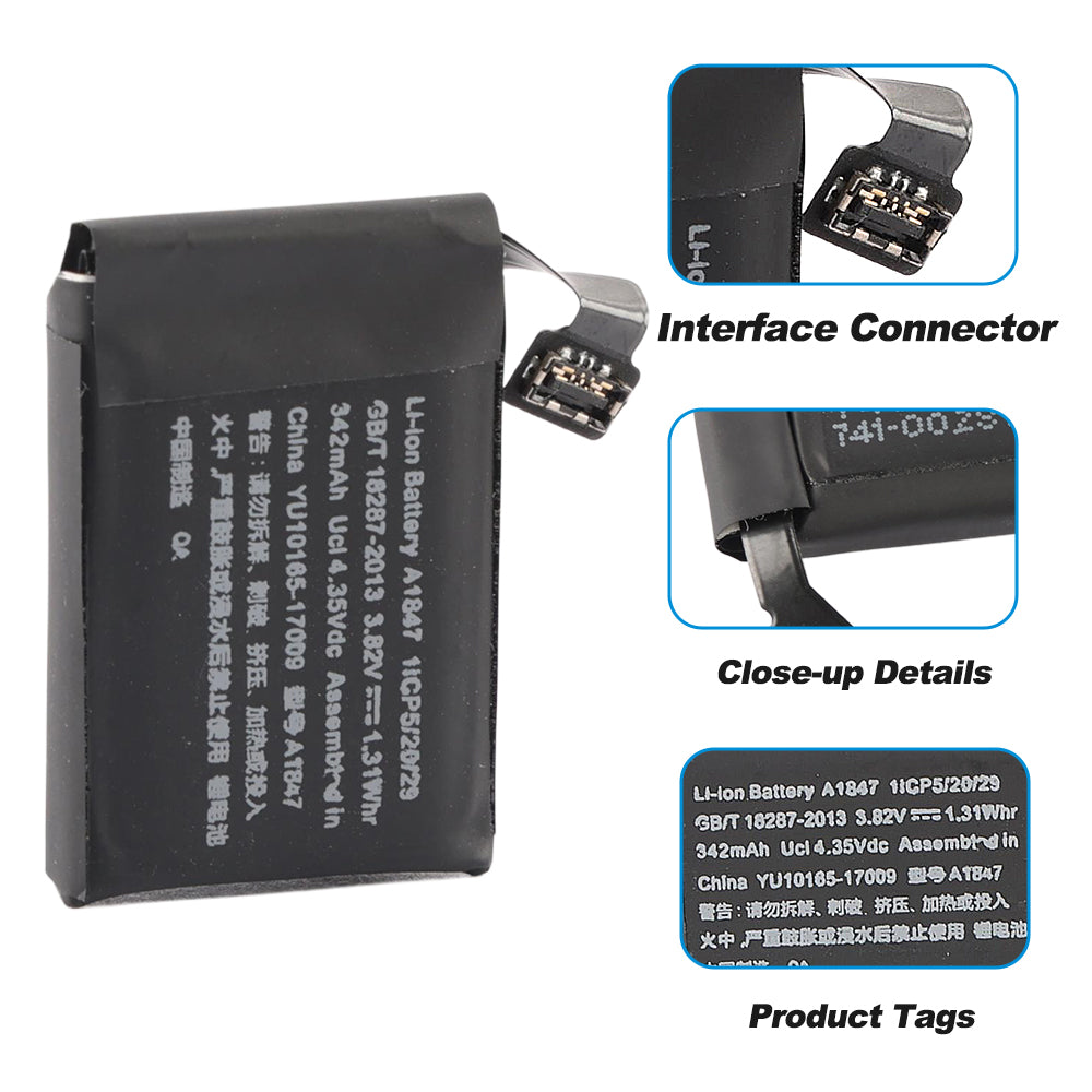 A1847 Apple Watch Series 3 battery showing interface connector label details and specifications