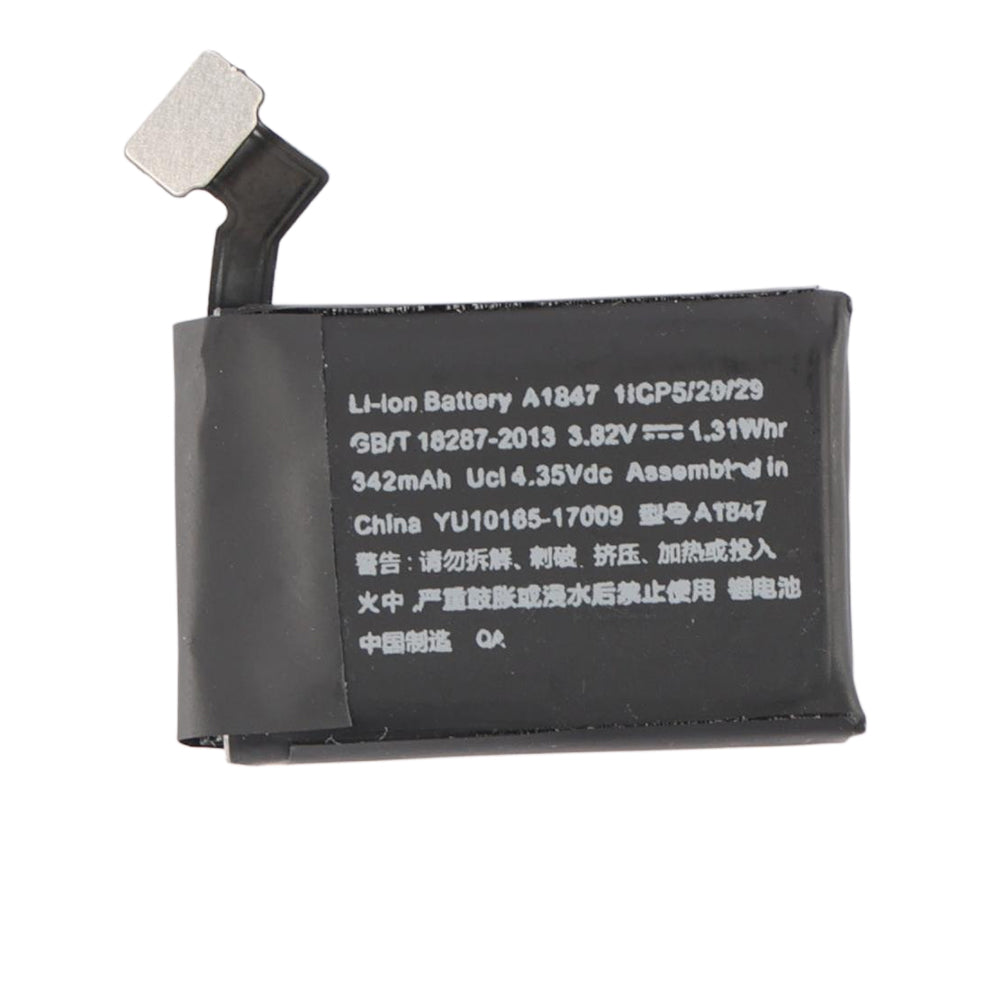 A1847 Apple Watch Series 3 battery front view showing label A1847 1ICP5/20/29 262mAh 3.81V with flex connector