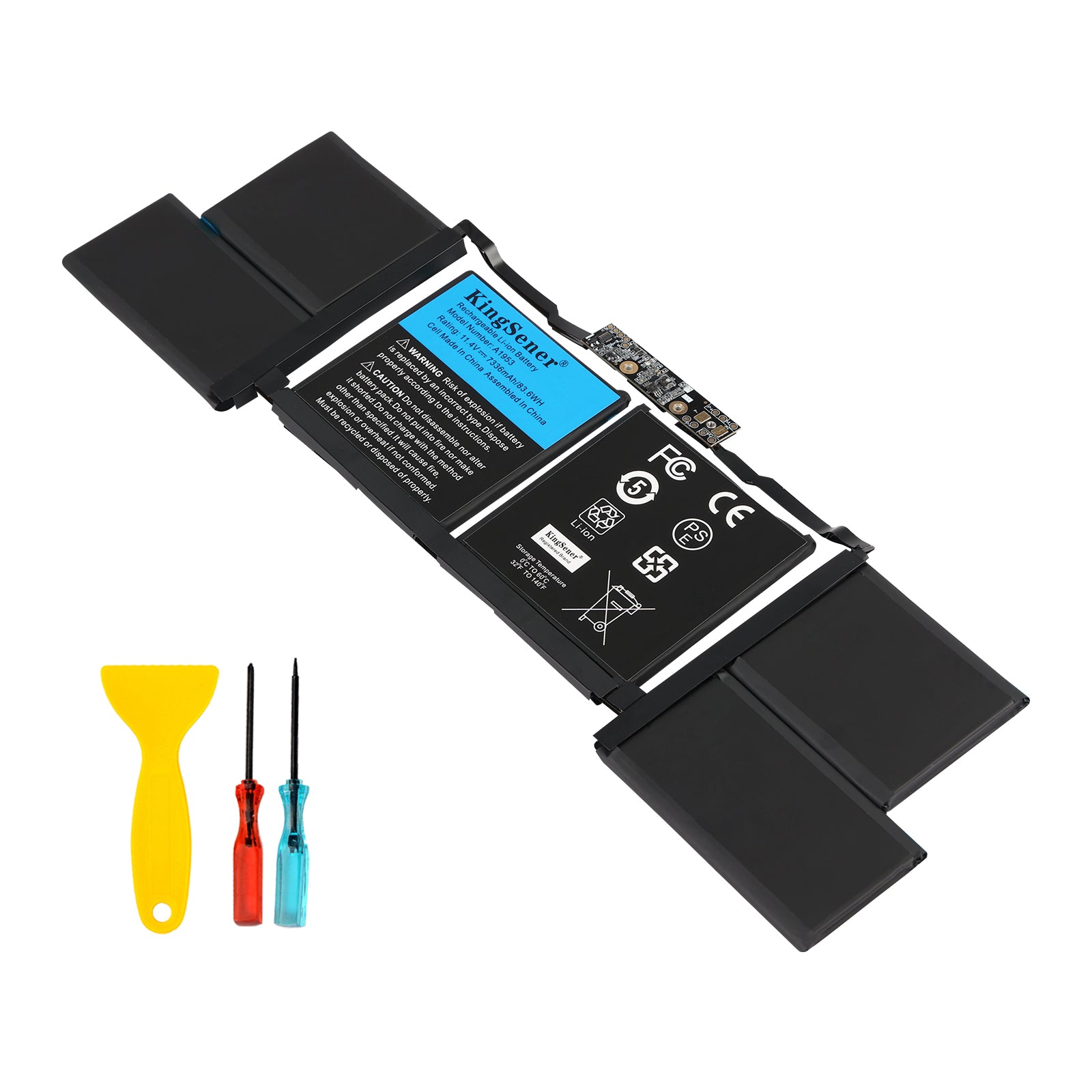 A1953 battery for MacBook Pro 15 A1990 Mid 2018 2019, 11.4V 7336mAh 83.6Wh Li-polymer, angled view with flex cable and tool kit