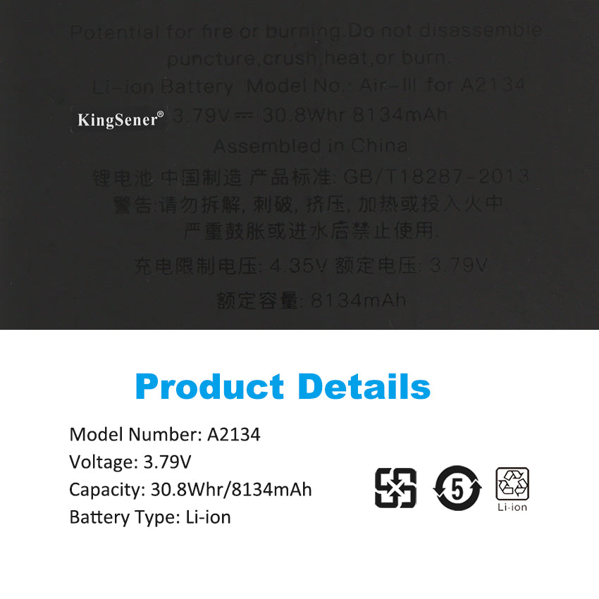 A2134 Replacement Battery For Apple Air 3 A2123 A2152 A2153 A2154 8134mAh