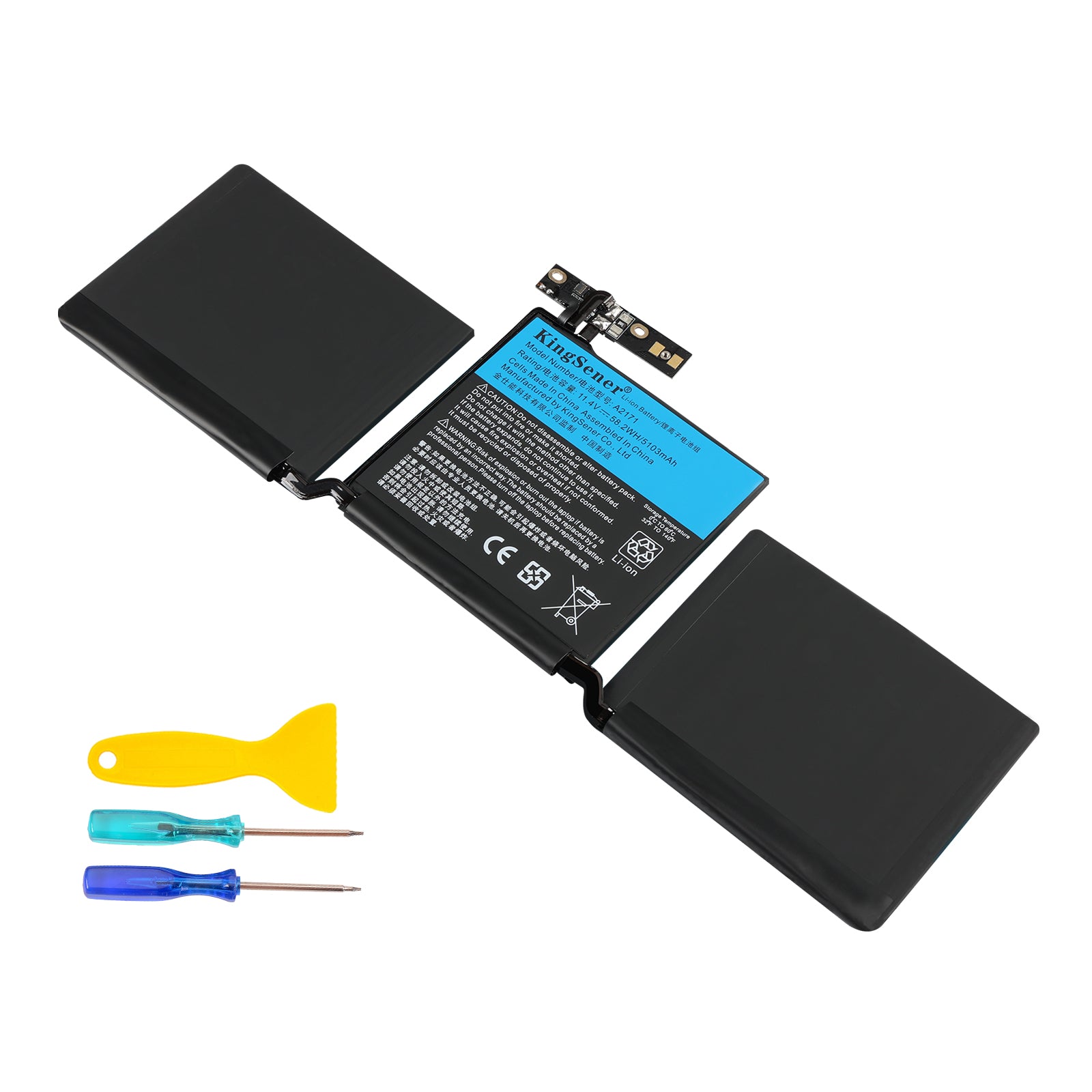 A2171 Apple MacBook Pro battery angled left view, 11.4V 5103mAh 58.2Wh Li-ion, with screwdrivers and pry tool