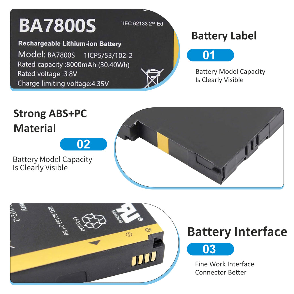 BA7800S battery details: clear label specs, durable ABS+PC shell, precision gold-plated connector pins