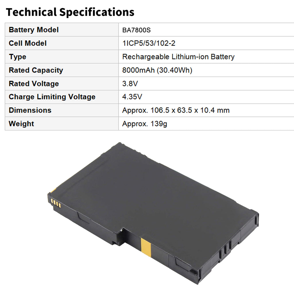 BA7800S technical specifications: 3.8V 8000mAh 30.40Wh, dimensions 106.5x63.5x10.4mm, weight 139g