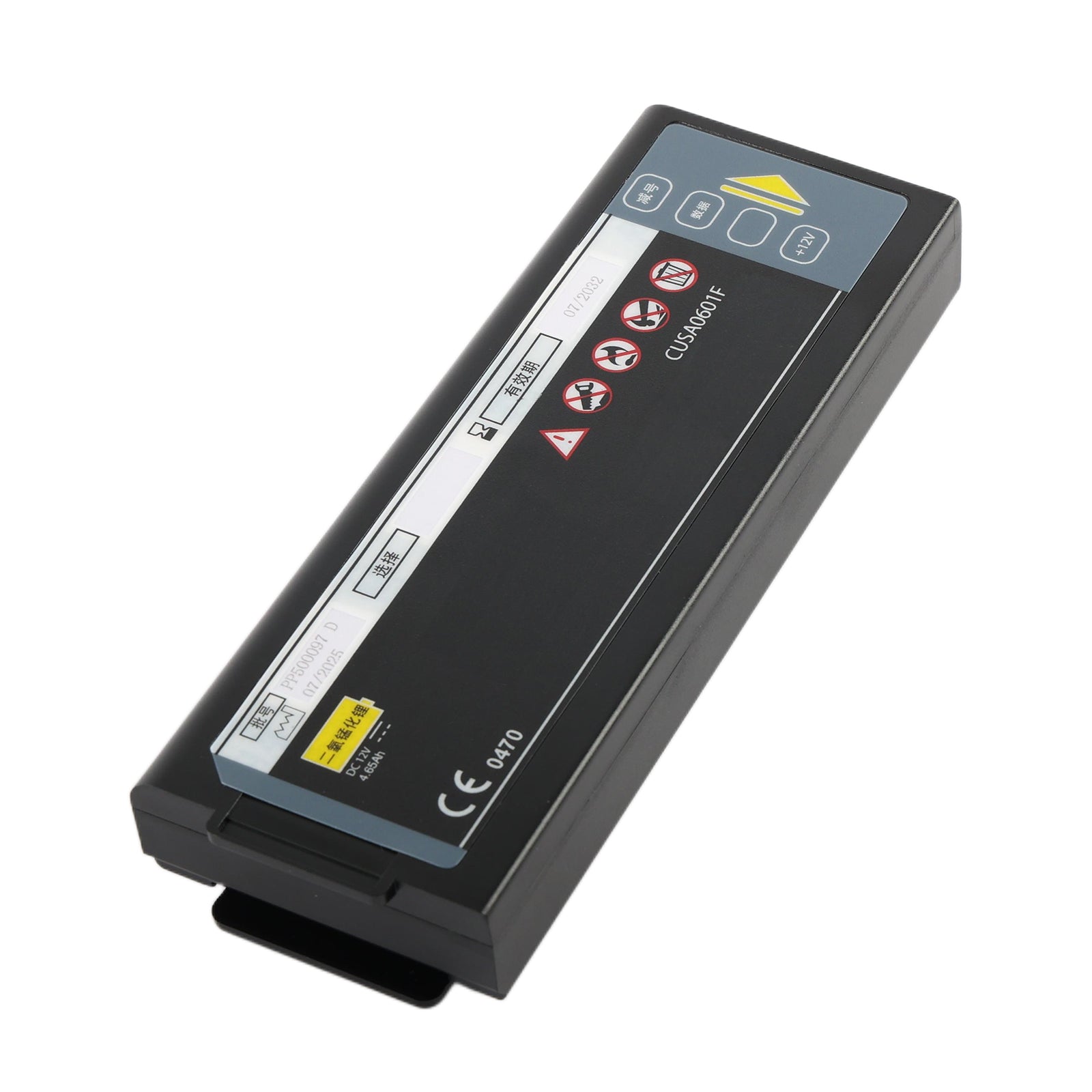 CUSA0601F battery for CU Medical i-PAD SP2 NF1200 NF1201 defibrillator, 12V 4650mAh 55.8Wh Li-MnO2, angled view showing label