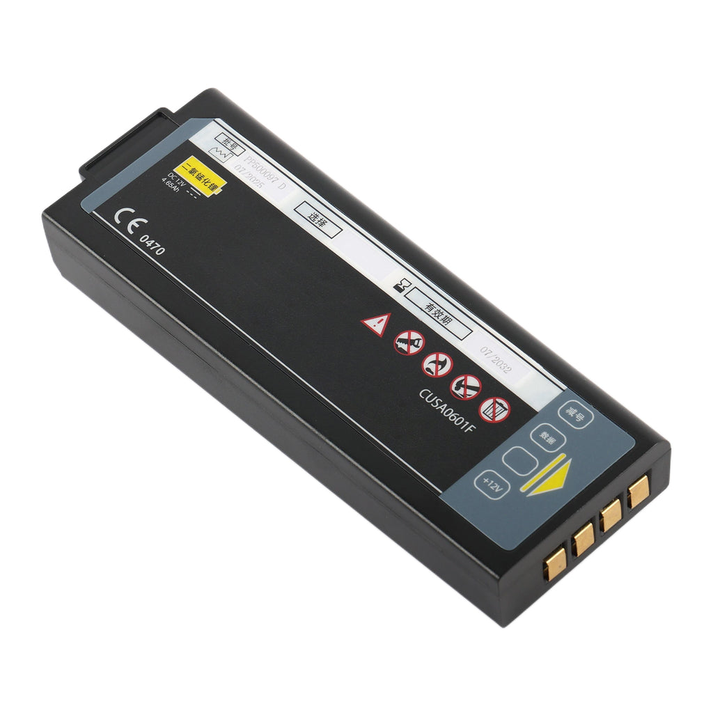 CUSA0601F replacement battery 12V 55.8Wh for i-PAD SP2 NF1200 NF1201 defibrillator, diagonal view showing gold contacts and CE mark