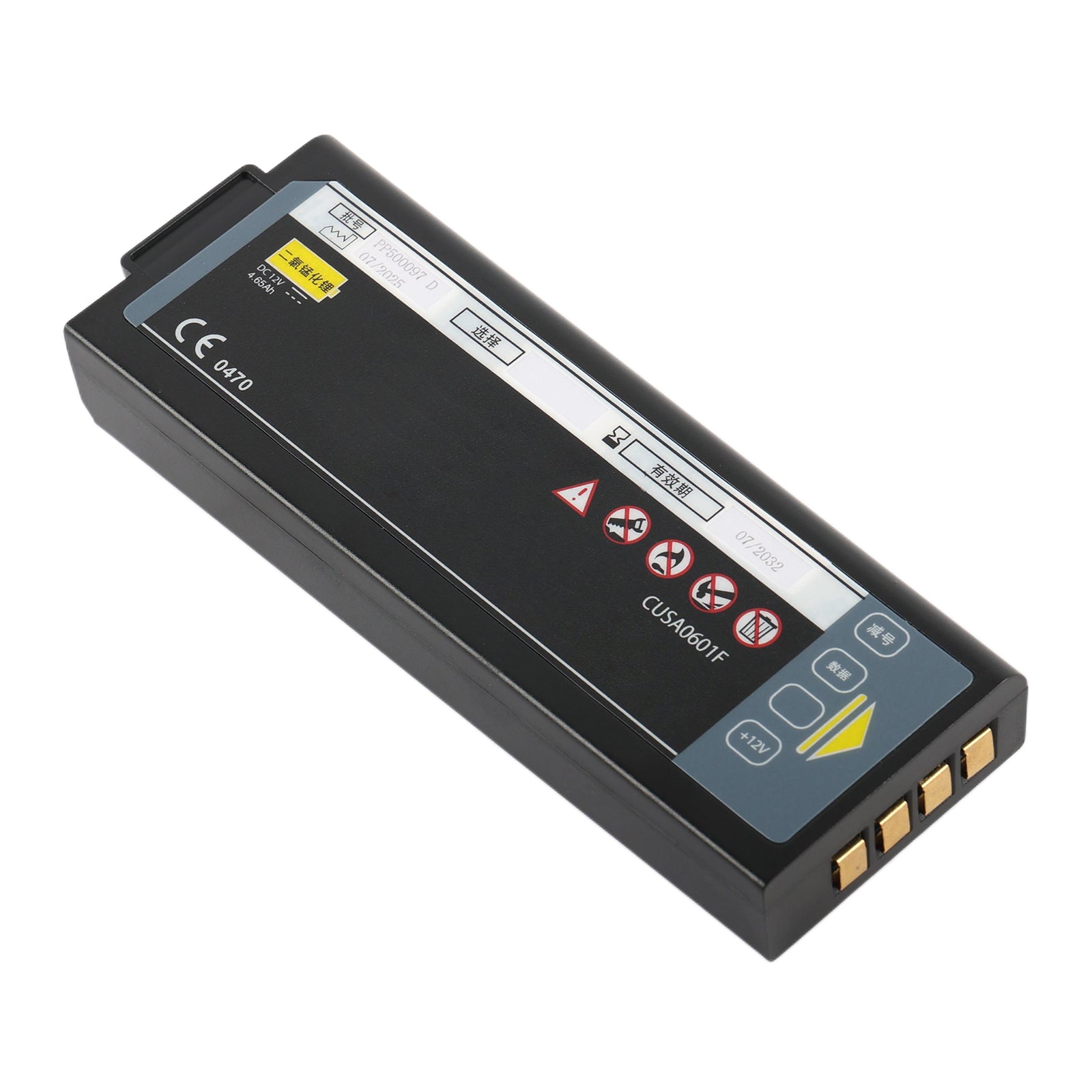CUSA0601F replacement battery 12V 55.8Wh for i-PAD SP2 NF1200 NF1201 defibrillator, diagonal view showing gold contacts and CE mark