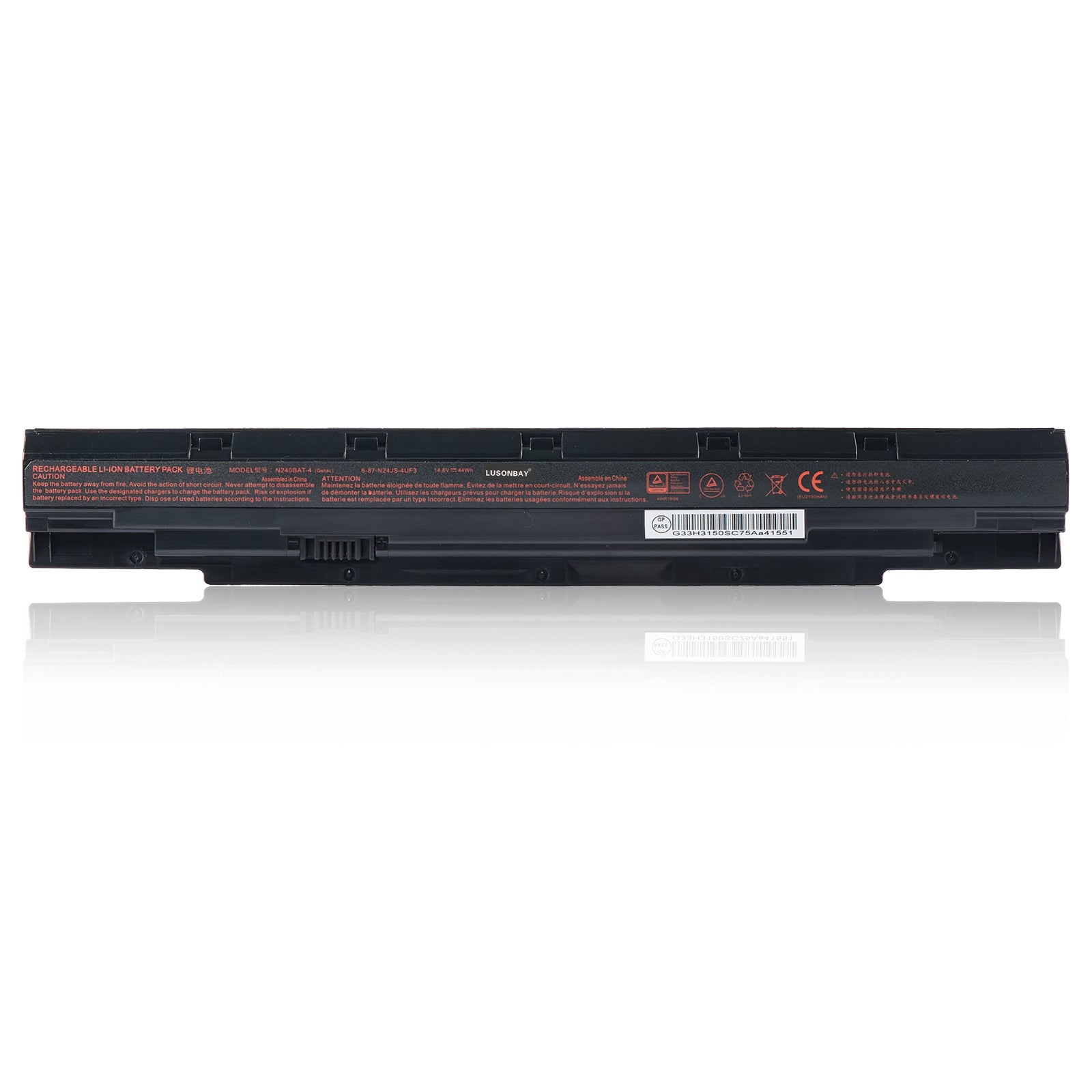 N240BAT-4 replacement battery for CLEVO N250JU N240WU Sager NP3245, Li-ion 14.8V 44Wh, label side front view