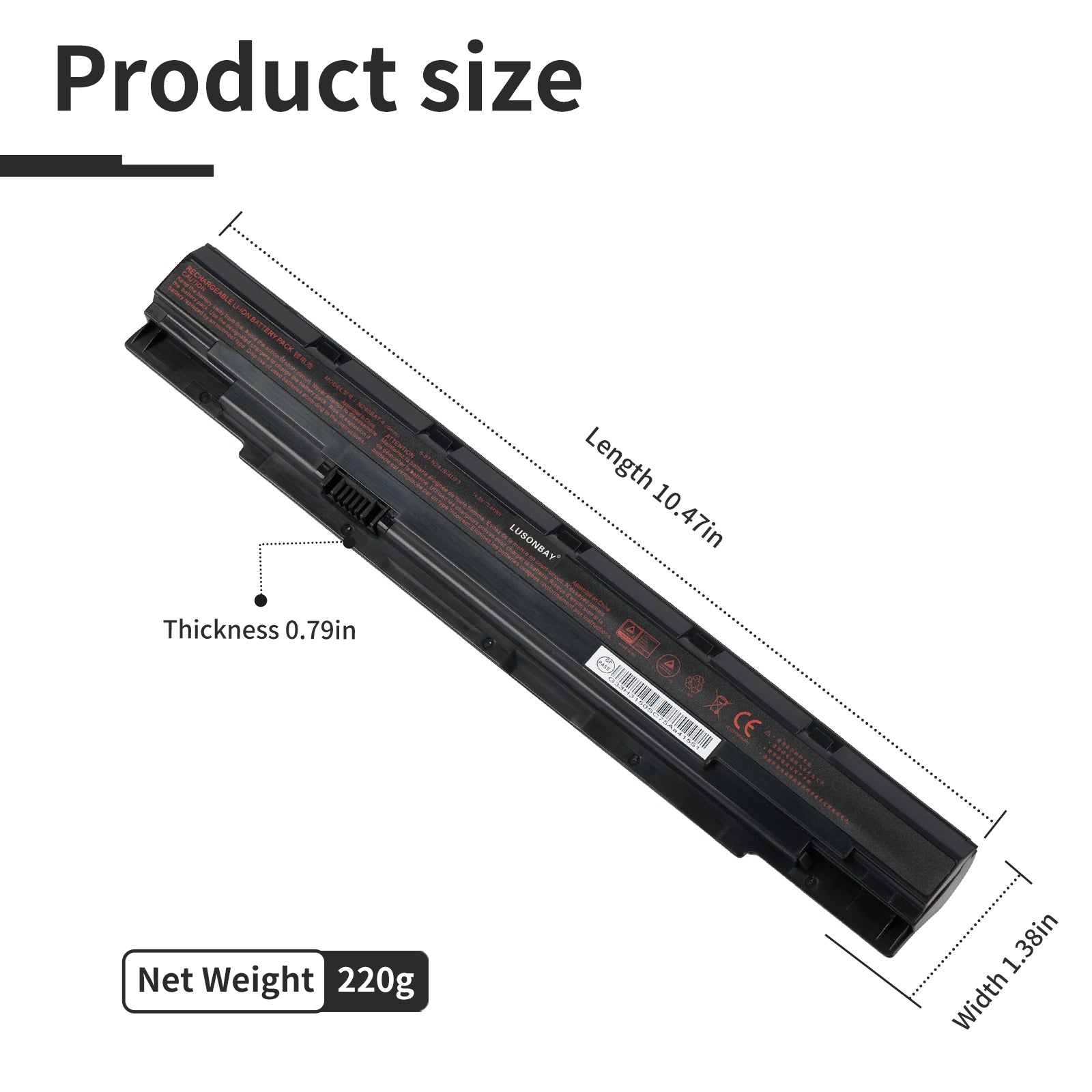 N240BAT-4 CLEVO N240 battery dimensions 10.47 x 1.38 x 0.79 inches, net weight 220g, product size diagram