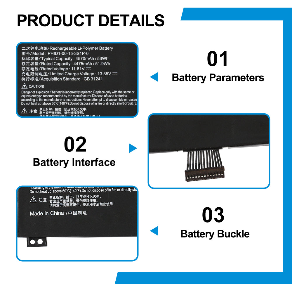 Clevo PHID1-00-15-3S1P-0 replacement Li-Polymer laptop battery 11.61V 53Wh specs with rainbow interface and metal buckle