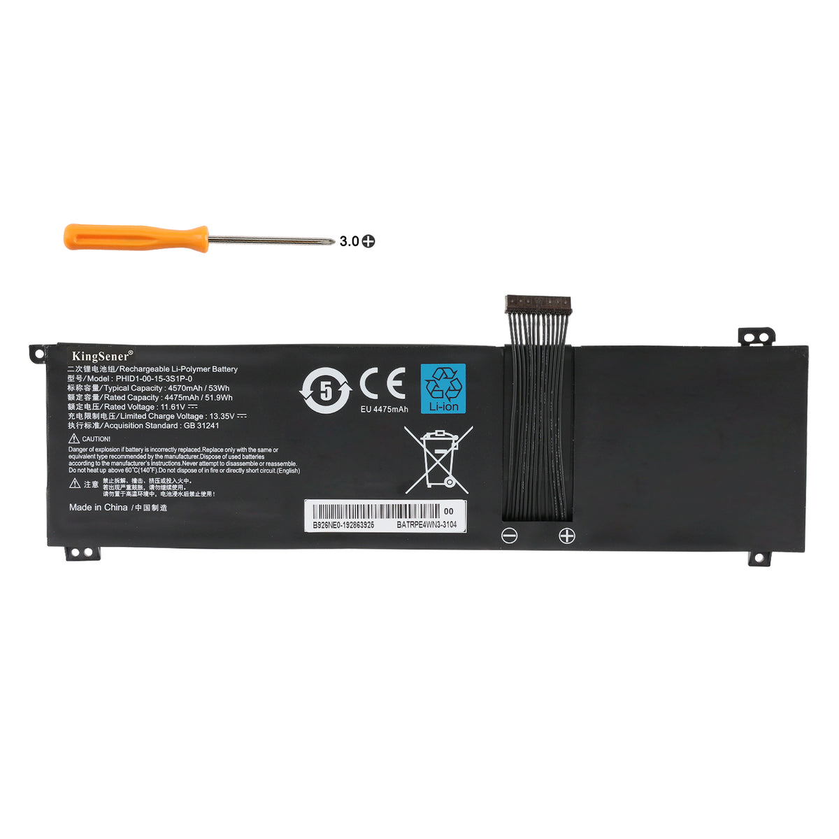 Clevo PHID1-00-15-3S1P-0 replacement Li-Polymer laptop battery 11.61V 53Wh 4570mAh PH3 screwdriver for installation
