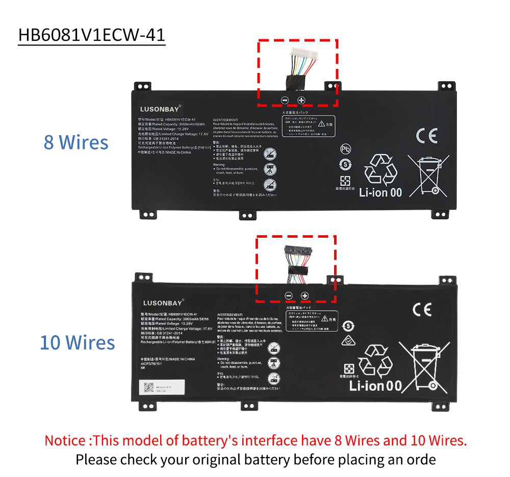 HB6081V1ECW-41 battery interface comparison, 8-wire and 10-wire connector types for Huawei MateBook compatibility check