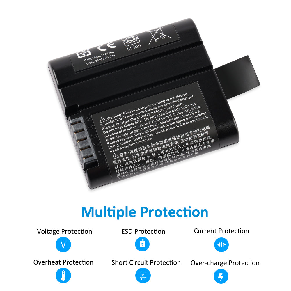 ND2057 battery back showing voltage, ESD, current, overheat, short circuit and over-charge protection features for safety