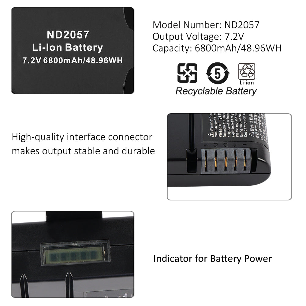 ND2057 battery details: 7.2V 6800mAh specs label, recyclable Li-ion, gold interface connector and LED power indicator