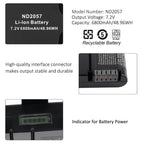 ND2057 battery details: 7.2V 6800mAh specs label, recyclable Li-ion, gold interface connector and LED power indicator