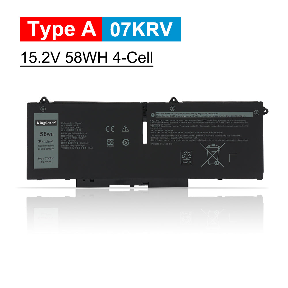 07KRV Type A battery 15.2V 58Wh 4-cell extended capacity option, KingSener standard Li-ion with complete safety certification marks