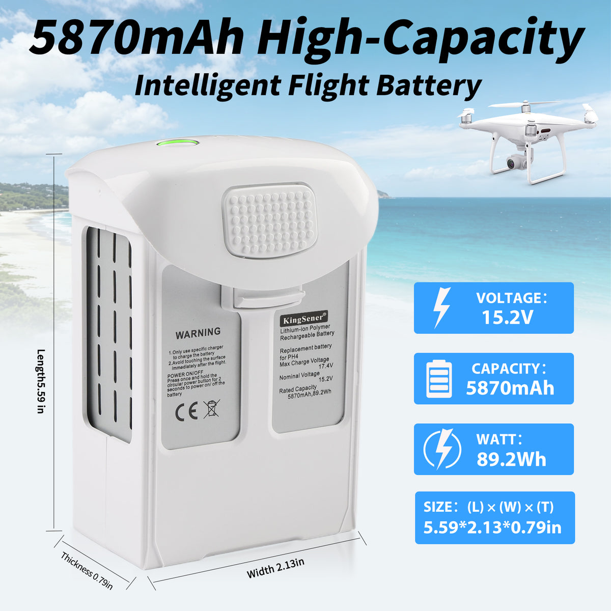 High-capacity 5870mAh Phantom 4 intelligent flight battery 15.2V 89.2Wh for DJI drone, dimensions 5.59x2.13x0.79in