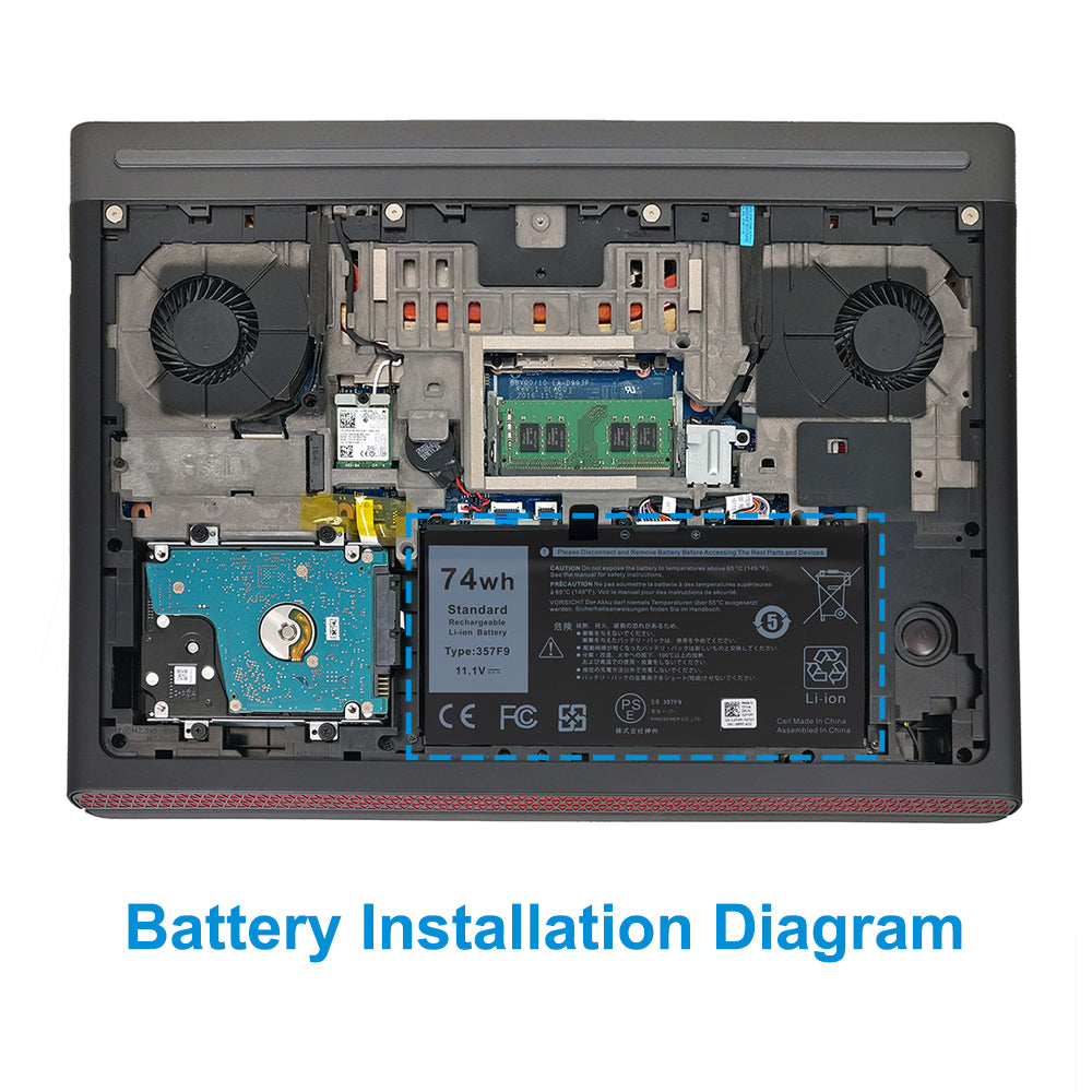 357F9 replacement laptop battery 74Wh 11.1V for Alienware, internal battery installation location in Alienware laptop