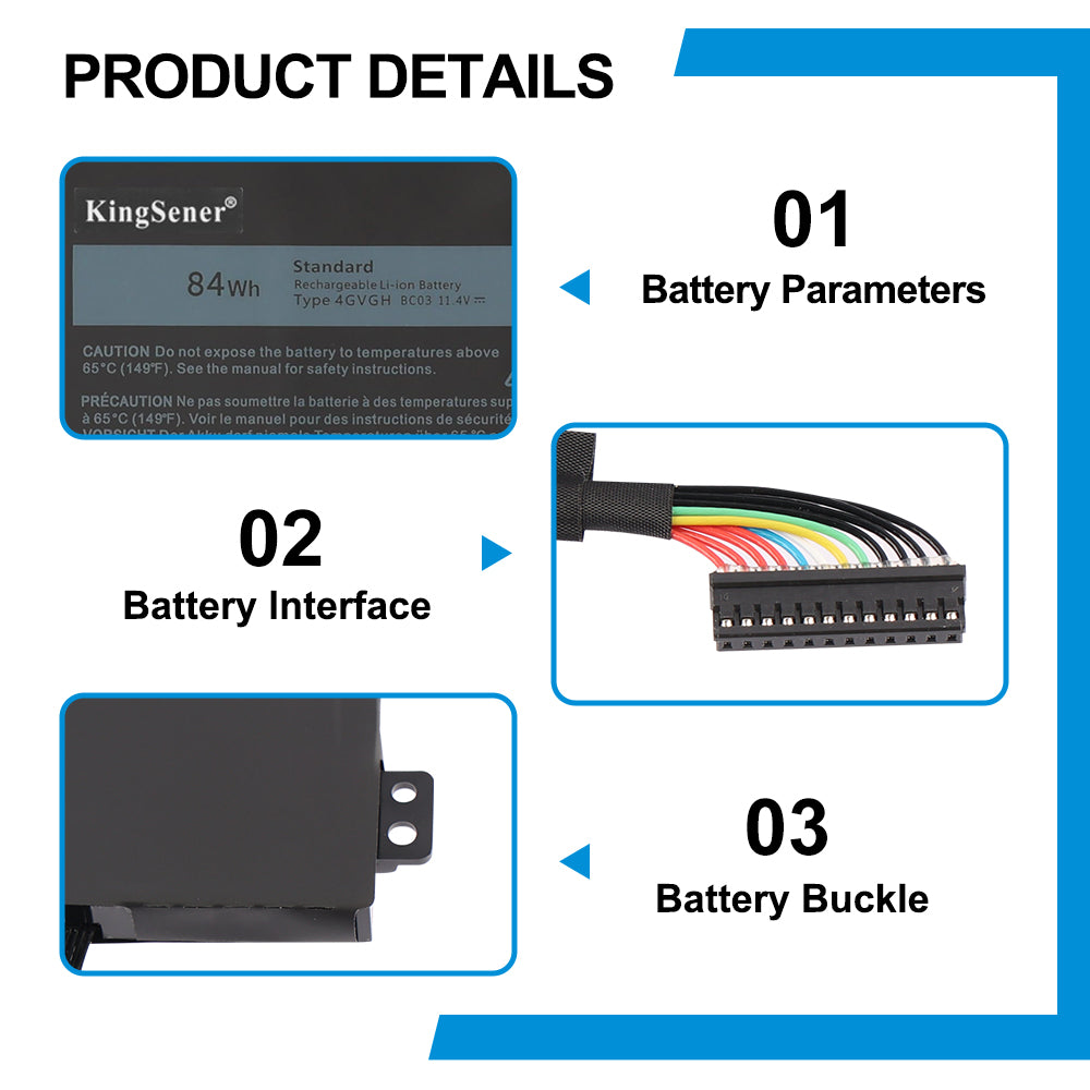 4GVGH product details: 84Wh 11.4V Type 4GVGH 8C03 battery parameters, 16-pin interface connector, M2X4 buckle mount design for Dell XPS 15 9550