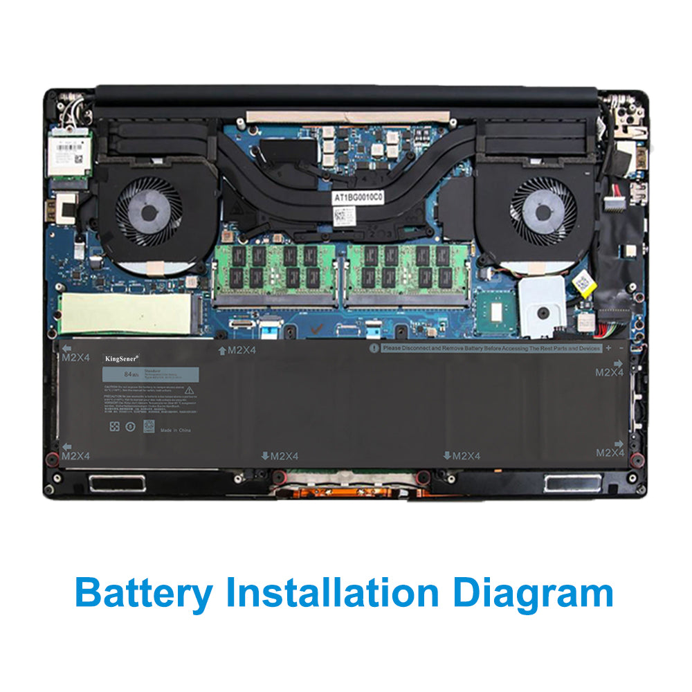 4GVGH 84Wh battery installed in Dell XPS 15 9550 laptop internal view with dual fans and motherboard, perfectly matching notebook chassis