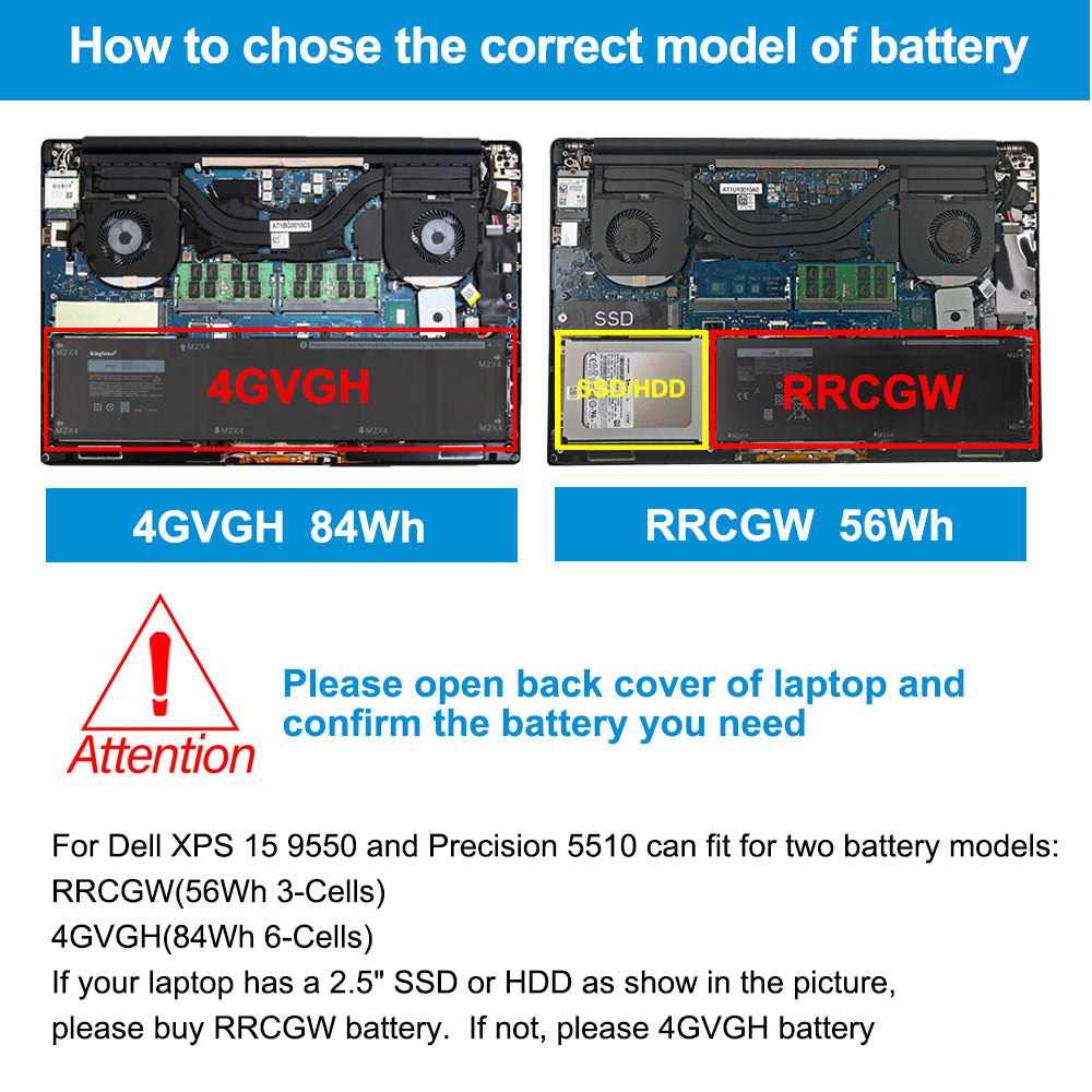 4GVGH 84Wh 6-Cells vs RRCGW 56Wh 3-Cells model selection guide for Dell XPS 15 9550 Precision 5510, choose 4GVGH if no 2.5-inch SSD or HDD installed