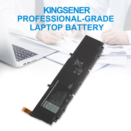 KingSener professional-grade 5XJ6R 56Wh laptop battery on office workspace with Dell laptop and business scene background