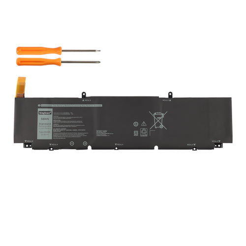 KingSener 5XJ6R 56Wh laptop battery front view showing label with specifications, black casing, includes installation screwdriver tools