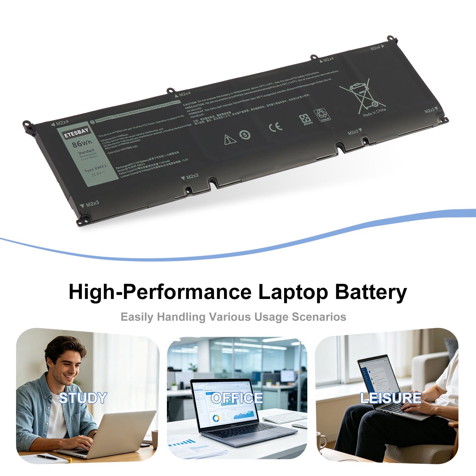 69KF2 replacement laptop battery 86Wh 11.4V for Dell XPS 15 9500 Alienware M15 M17 high performance for study office leisure use