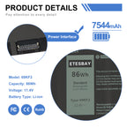 69KF2 battery details showing power connector interface ETESBAY label 7544mAh capacity 11.4V 86Wh specs with FC CE RoHS certifications