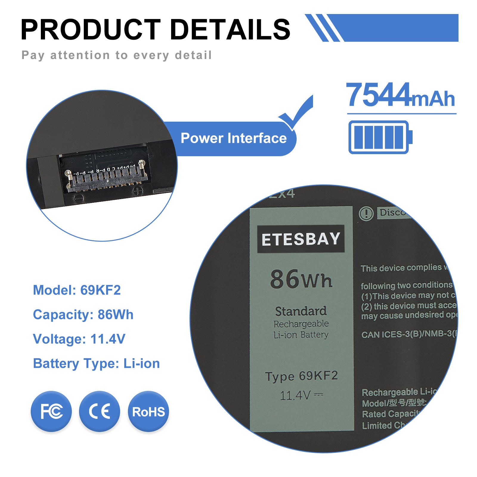 69KF2 battery details showing power connector interface ETESBAY label 7544mAh capacity 11.4V 86Wh specs with FC CE RoHS certifications