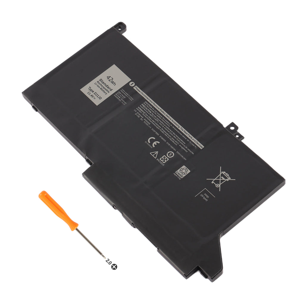 DJ1J0 11.4V 42Wh Dell replacement battery white background hero shot with orange 2.0 Phillips screwdriver for Latitude 7280 7480 series