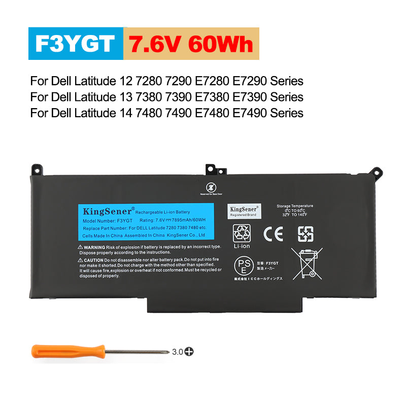 F3YGT 7.6V 60Wh 4-Cell KingSener replacement battery compatible with Dell Latitude 12 7280 13 7380 14 7480 E7280 E7380 E7480 series