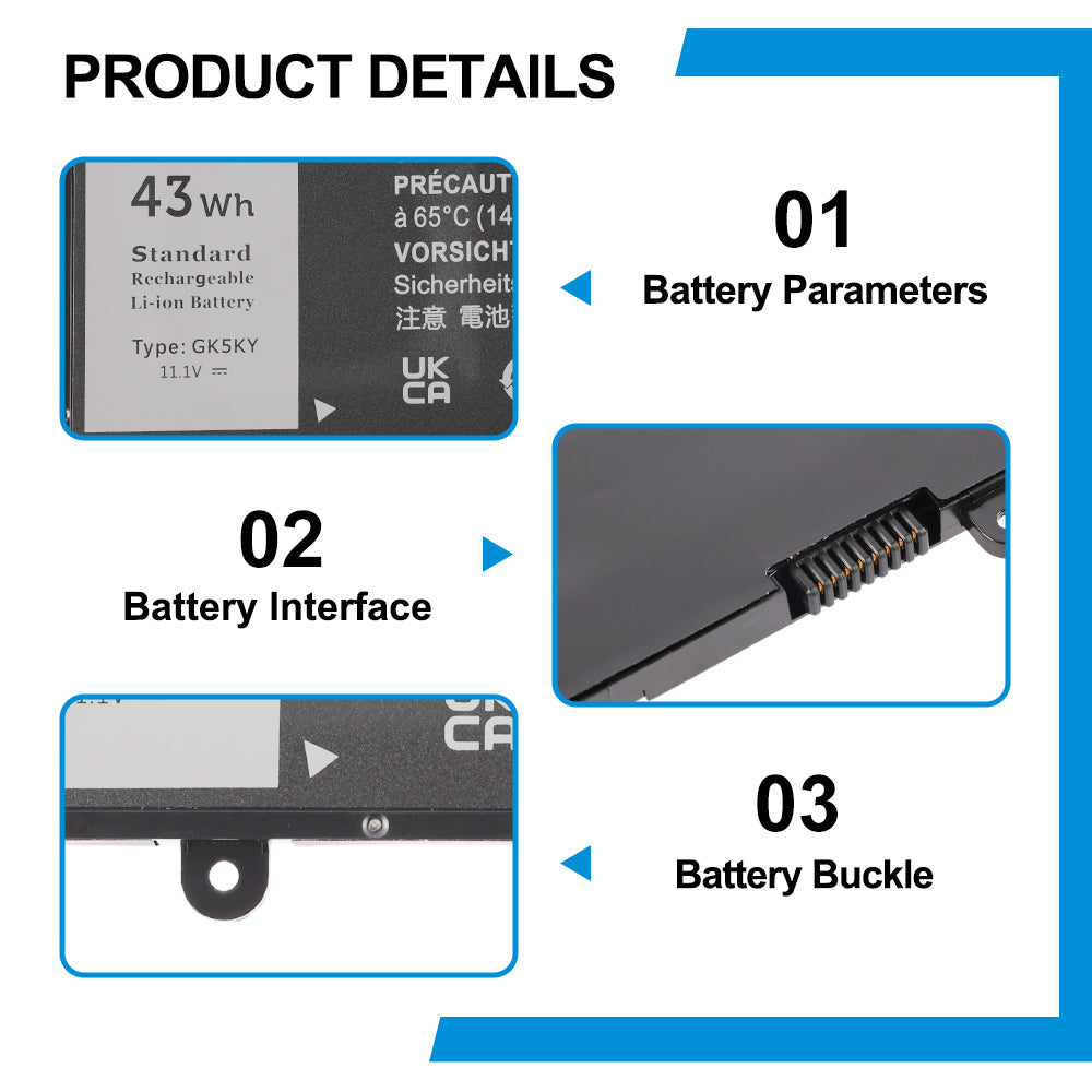 DELL GK5KY battery details: 11.1V 43Wh Li-ion with 8-pin orange metal connector and buckle